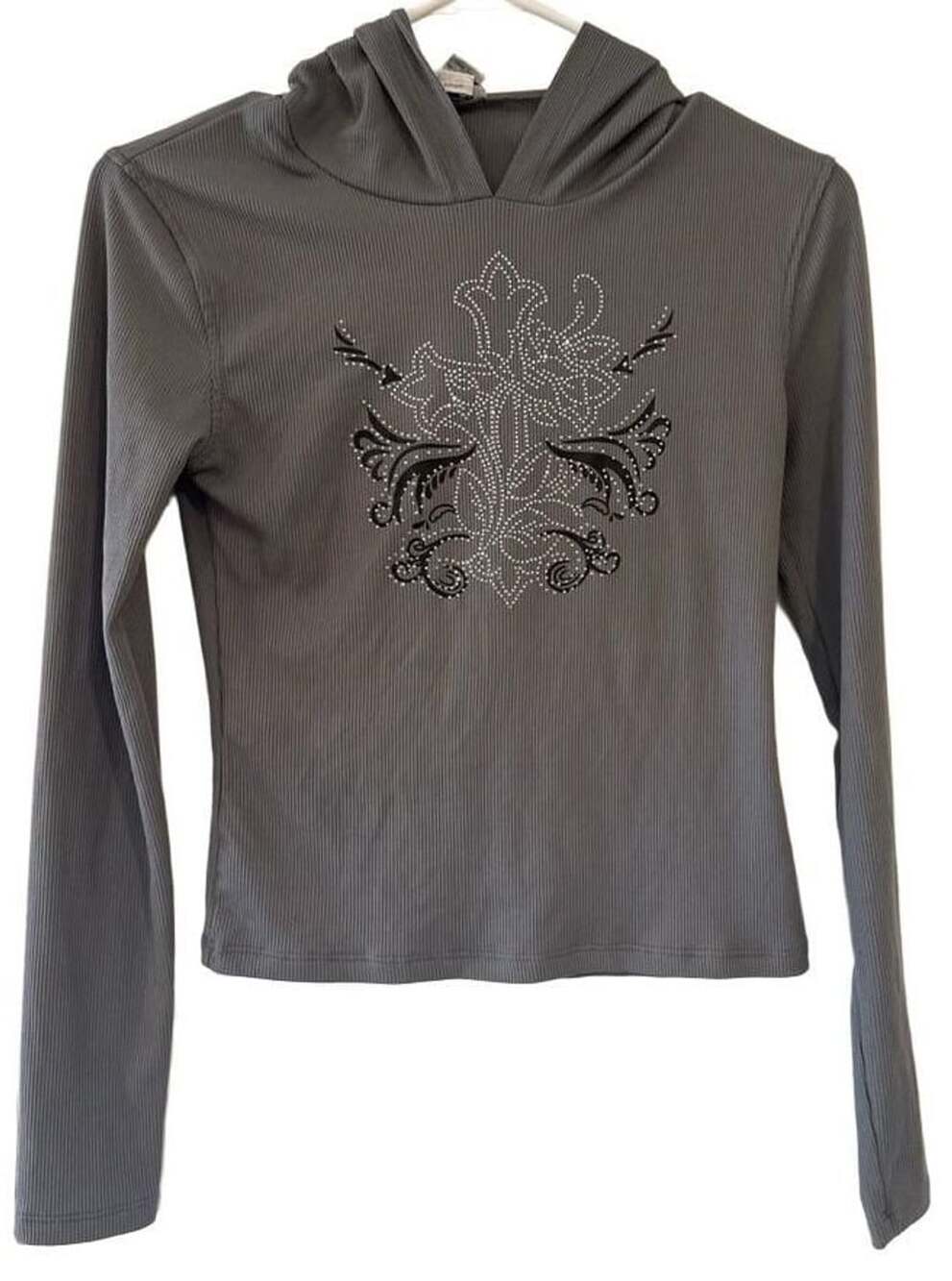 rue21 Y2K Rhinestone Graphic Hoodie Gray Ribbed Long Sleeve Top Mcbling